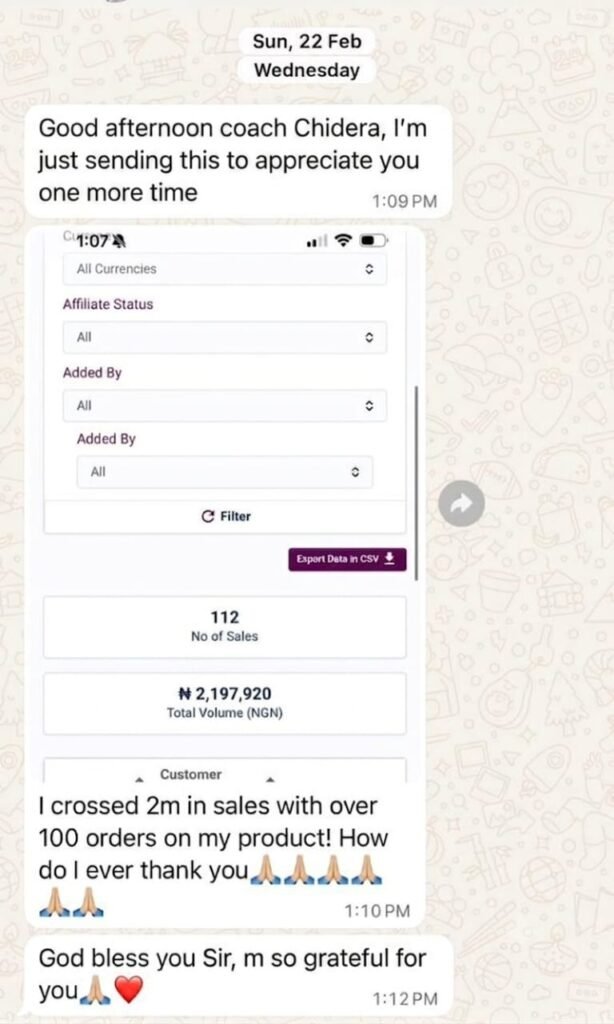 Student testimonial showing over 2 million naira in sales